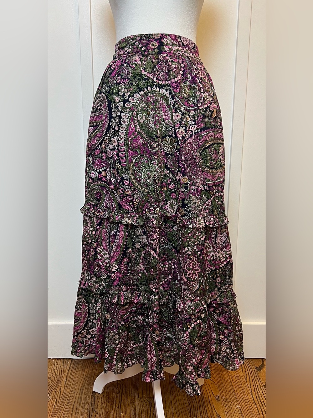 Cleobella XS Darcy Ankle Skirt Cayman Paisley Purple Maxi Skirt Tiered Ruffles